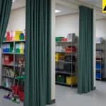 Institutional hallway storage hidden using green closet and alcove cover curtains
