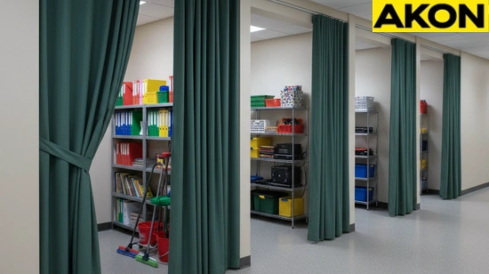 Institutional hallway storage hidden using green closet and alcove cover curtains