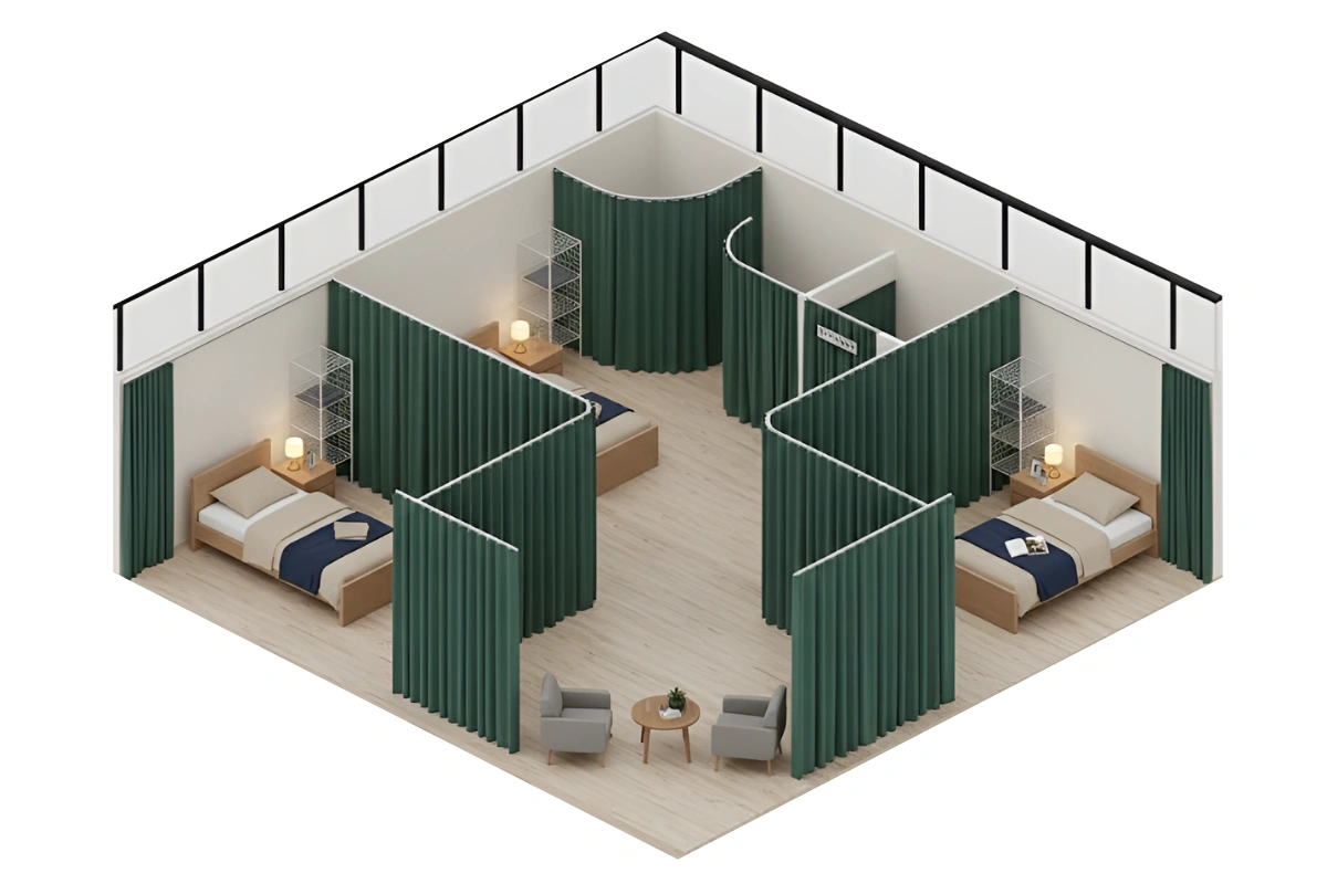 Isometric layout showing curtains dividing shared living and sleeping spaces