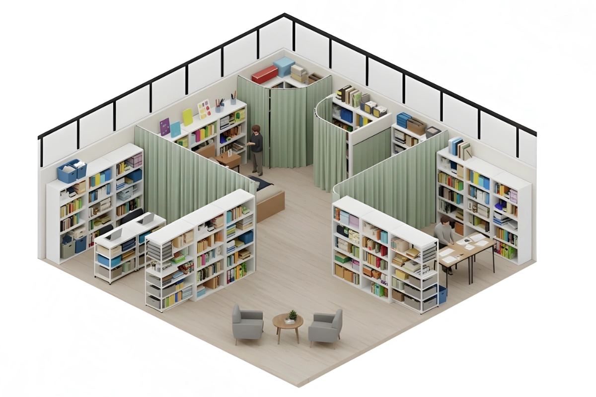 Isometric office layout showing multiple alcove cover curtains dividing storage zones