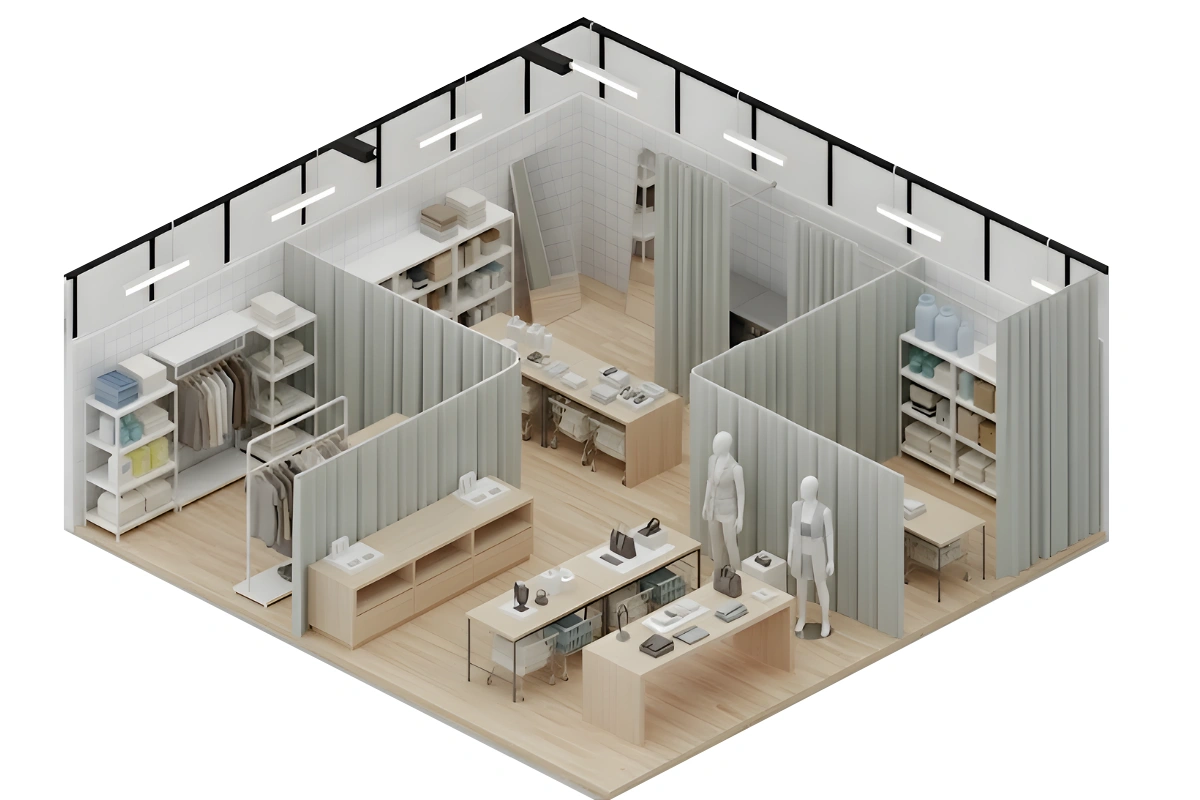 Isometric view of a boutique loft space divided into zones using floor-to-ceiling divider curtains