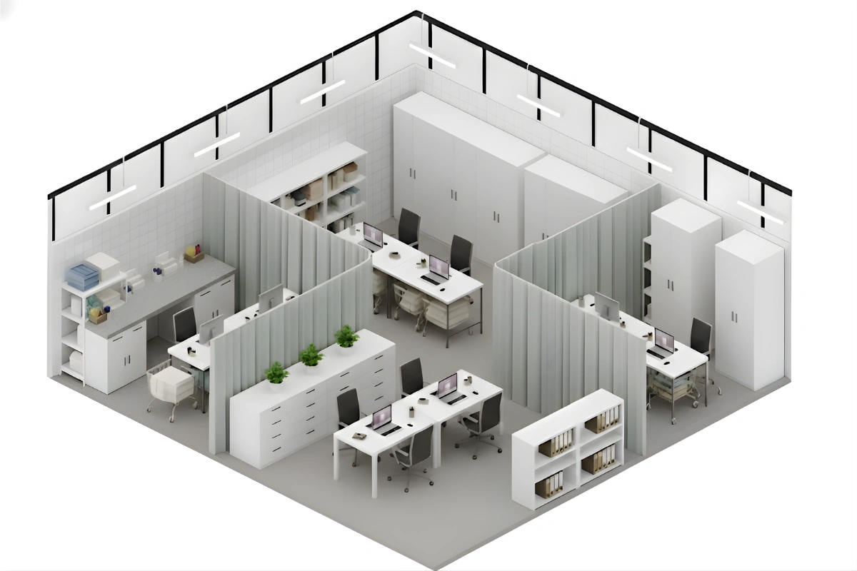 Isometric view of a temporary office buildout using partition curtain systems