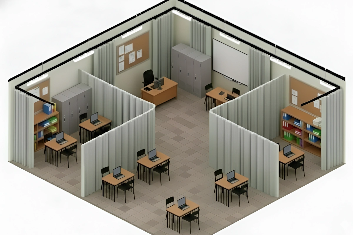 Isometric view of a testing and exam area divided into private stations using curtain partitions