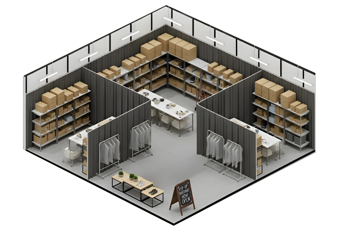Isometric view of curtain-enclosed staff-only backstock and staging areas inside a pop-up retail layout