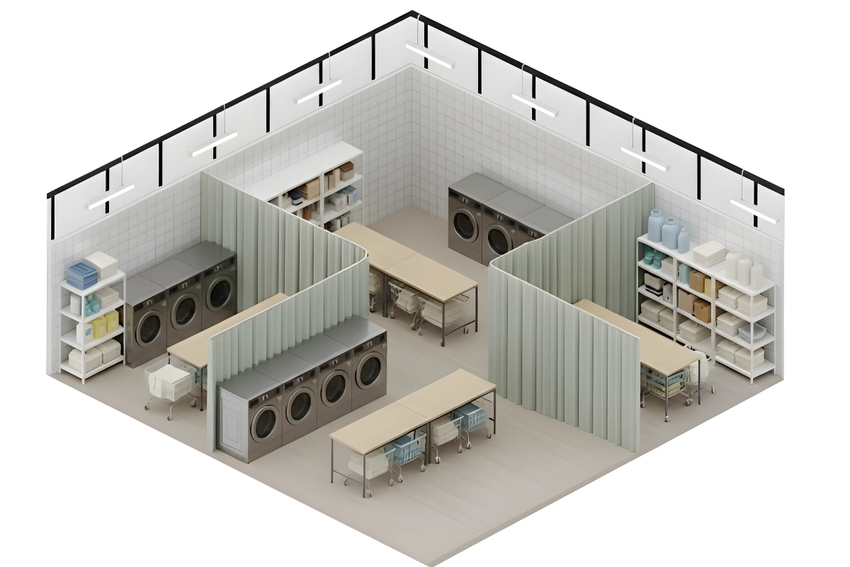 Isometric view of fabric curtains dividing multiple zones in a shared laundry room