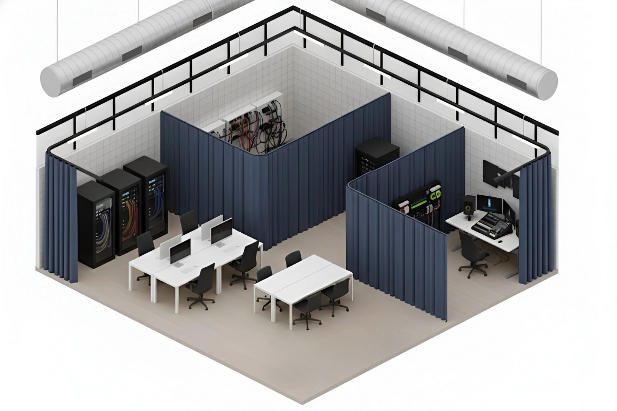 Isometric view of office layout using curtains to conceal IT and server equipment