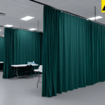 Large testing hall divided into private exam zones using floor-to-ceiling fabric curtains