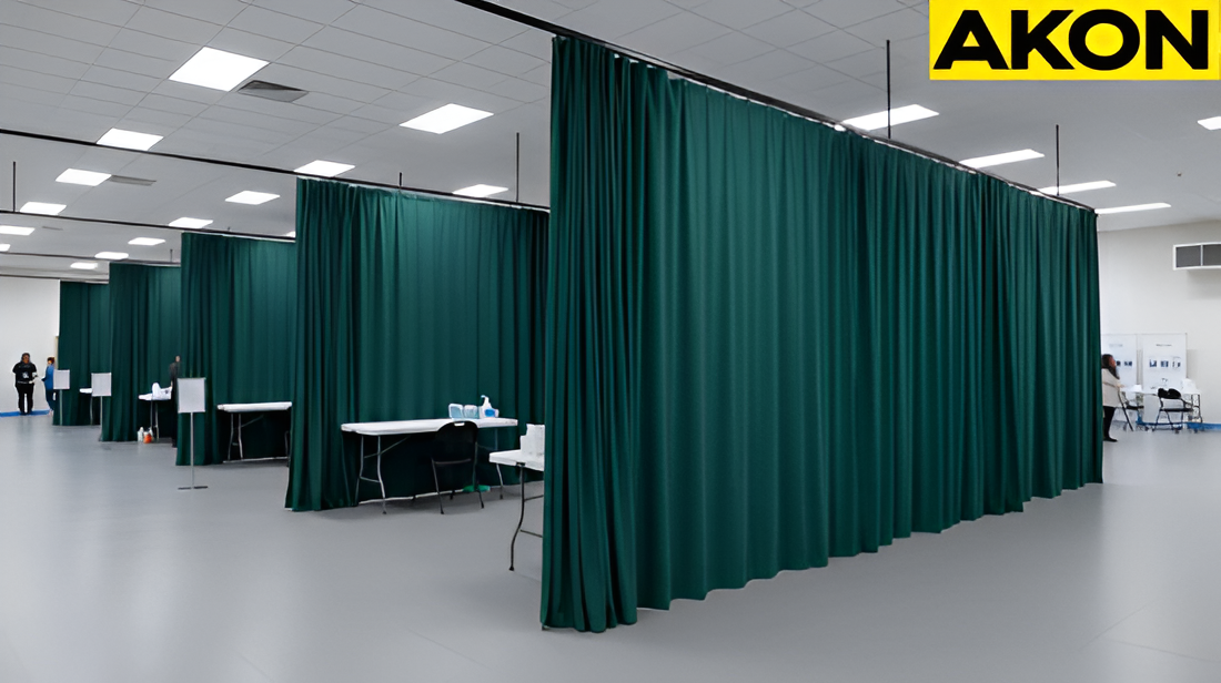 Large testing hall divided into private exam zones using floor-to-ceiling fabric curtains