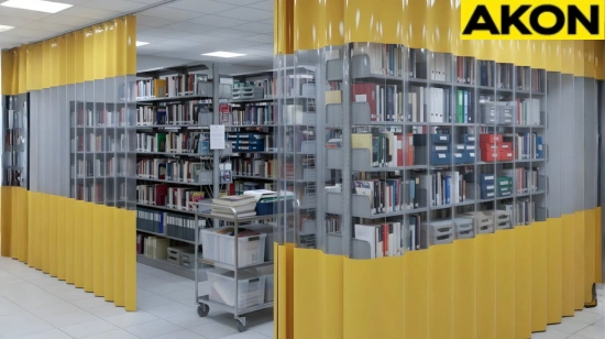 Library shelving enclosed with clear and yellow closet and alcove cover curtains