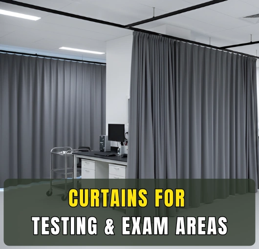 Medical testing workspace separated by gray privacy curtains for focused assessments