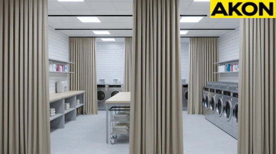 Neutral fabric curtains dividing a wide shared laundry room for privacy and order