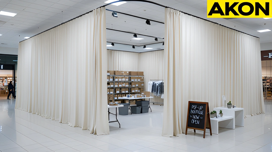 Neutral fabric curtains forming a private backstock area within a shopping mall pop-up shop