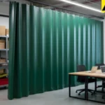 Office storage area covered with green fabric closet and alcove cover curtains