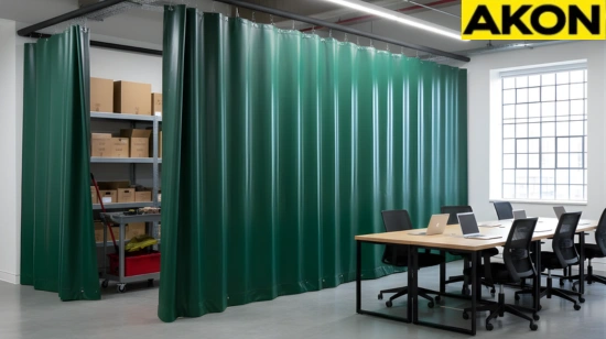 Office storage area covered with green fabric closet and alcove cover curtains