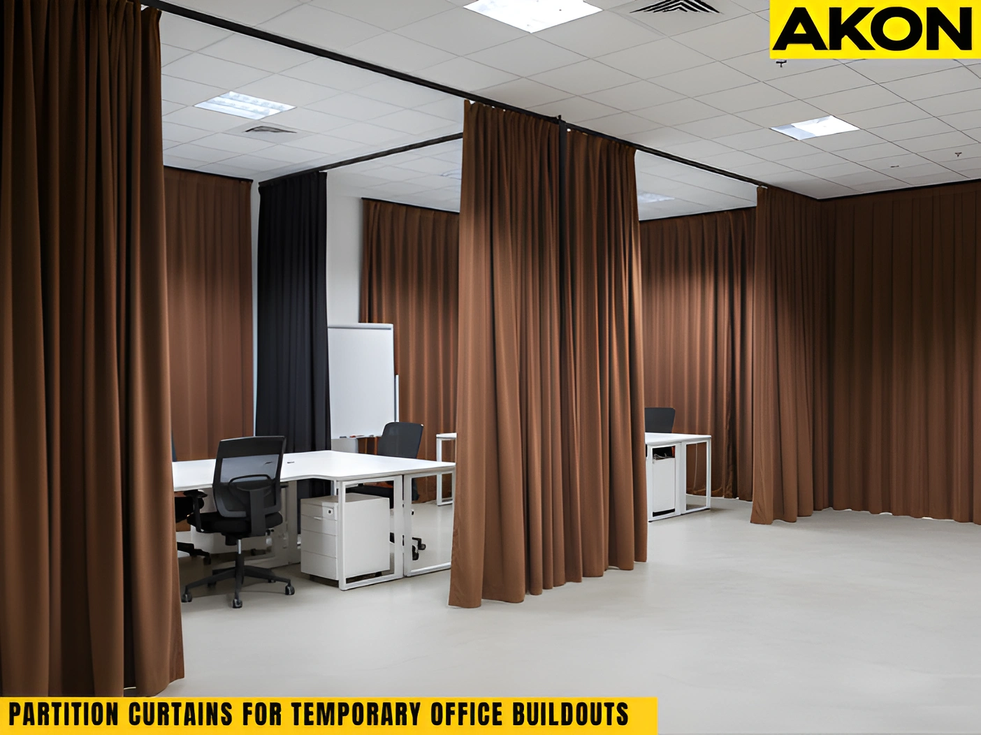 Partition curtains creating temporary workspaces in an open office buildout