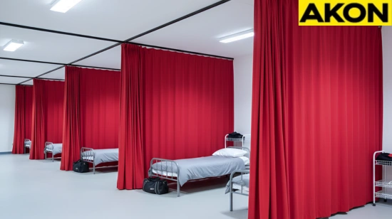 Red fabric curtains creating private sleeping zones in shared housing