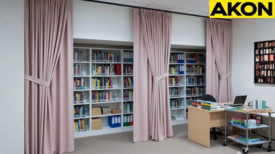 School or office shelving concealed with soft pink closet and alcove cover curtains