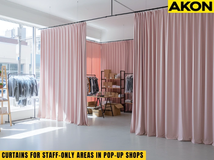 Soft fabric curtains creating a staff-only backstock area inside a modern pop-up retail shop