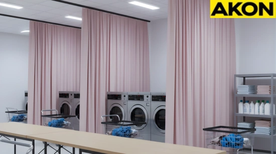Soft fabric curtains separating laundry areas in an apartment building