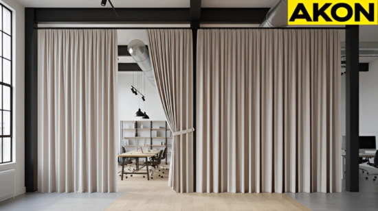 Soft fabric divider curtains used to section off areas in a high-ceiling loft workspace
