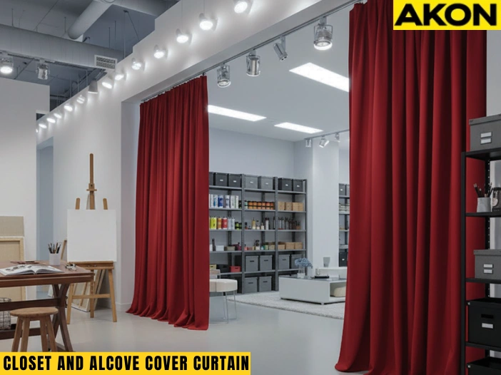 Studio alcove concealed with red closet and alcove cover curtains for organized storage