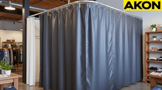 Vinyl industrial divider curtain creating a temporary enclosed area inside a boutique loft space