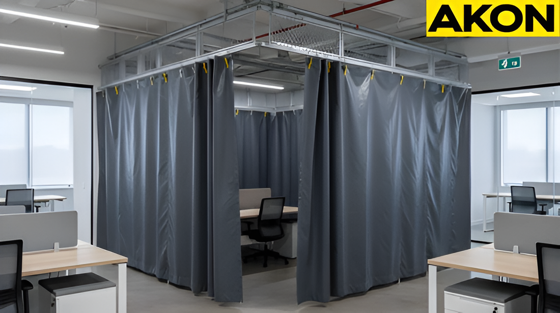 Temporary office buildout using fabric partition curtains for flexible layouts