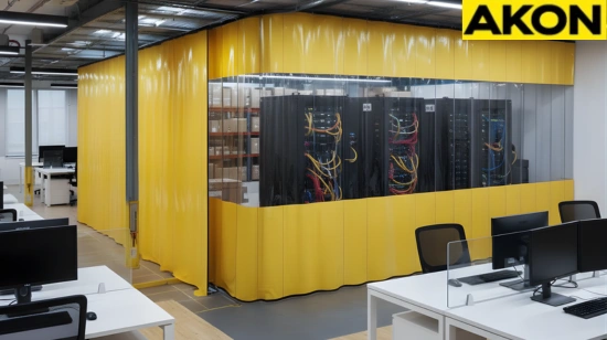 Yellow industrial curtain enclosure hiding IT servers inside an open office