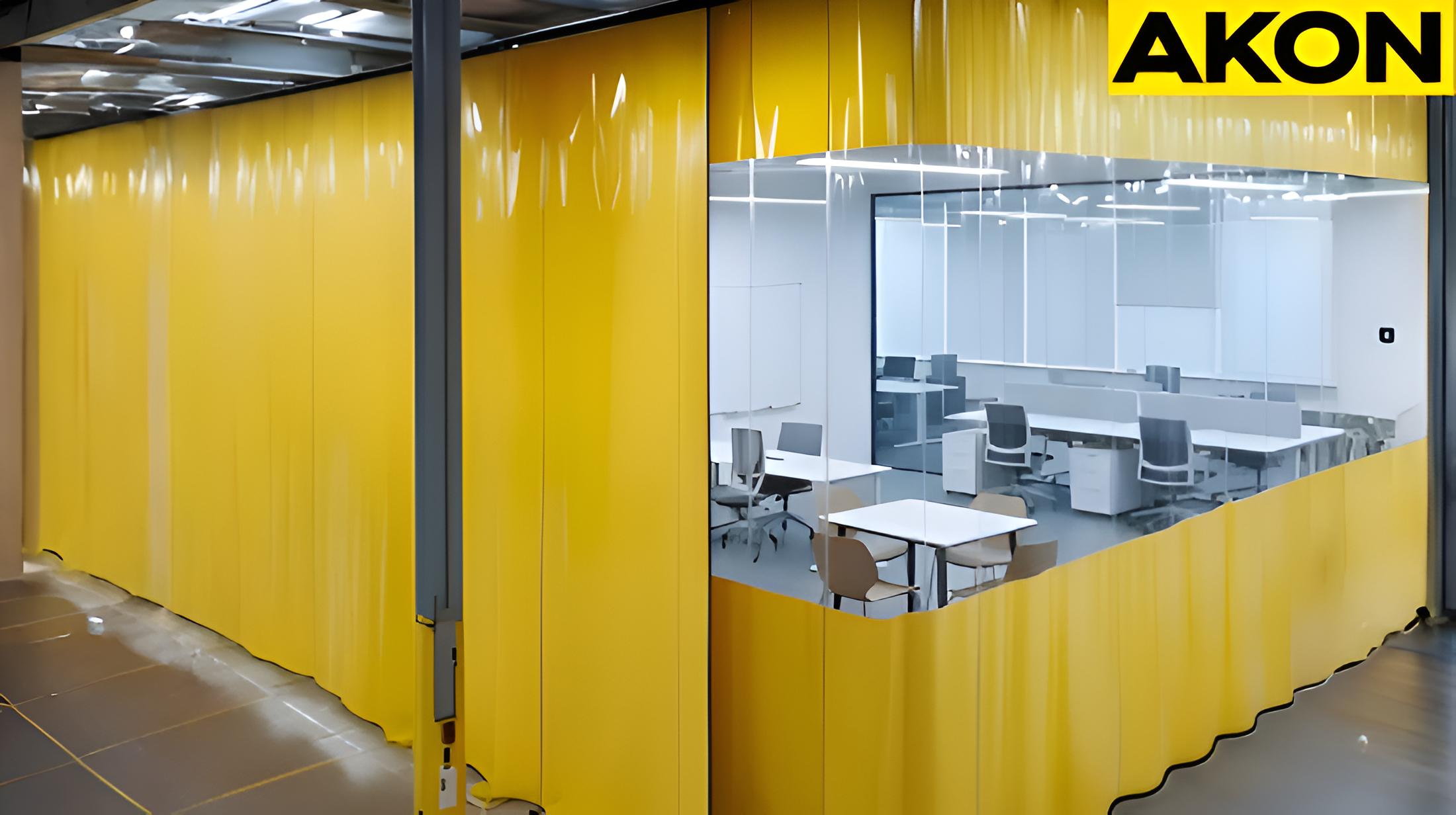 Partition curtains creating temporary workspaces in an open office buildout