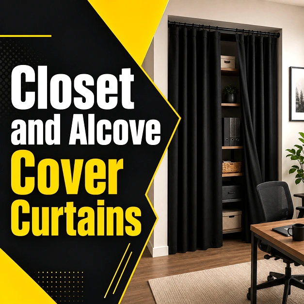 Heavy-duty curtains covering a closet or alcove opening in an industrial or commercial space.
