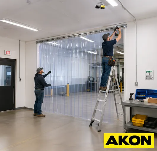 Vinyl strip curtain installation step ladder warehouse divider