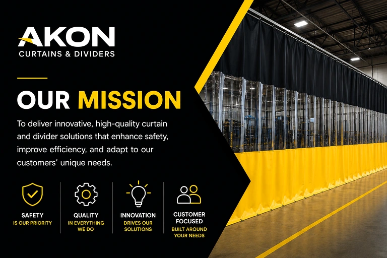 AKON Curtains mission statement graphic outlining the company's core values and commitment to industrial curtain solutions.