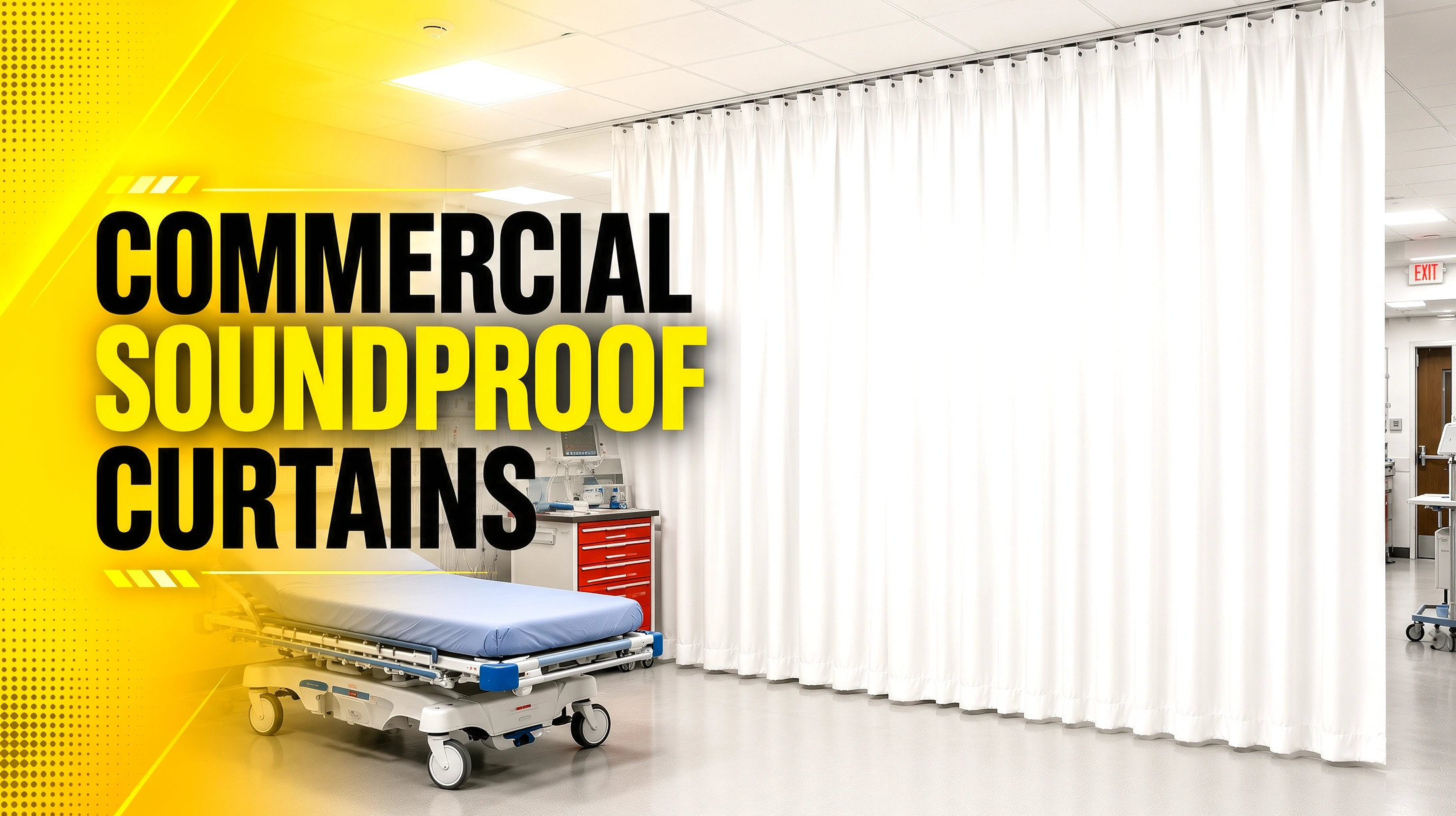 Heavy-duty commercial soundproof curtains installed in an industrial or commercial facility to reduce noise transfer between areas.