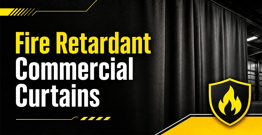 Fire retardant commercial curtains hanging in an industrial facility to divide work areas and limit fire spread.