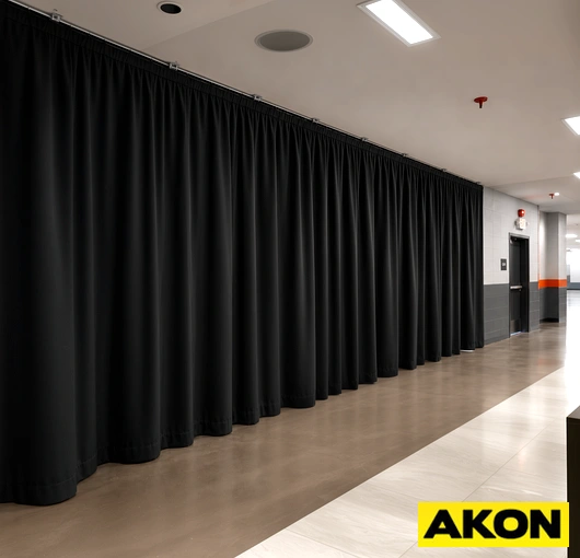 Heavy duty fire retardant curtains hung in an industrial facility to divide work areas and limit fire spread.
