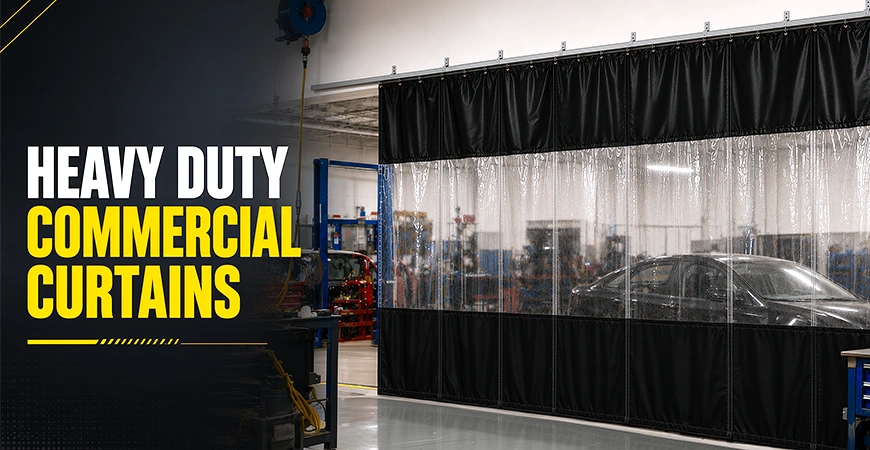 Heavy duty industrial vinyl curtains hanging in a large warehouse or factory doorway to divide work areas.