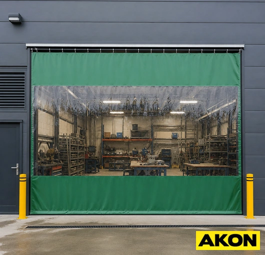 A heavy-duty commercial outdoor curtain installed to protect a building opening or work area from weather and debris.