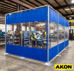 A free standing industrial curtain unit positioned on a factory or warehouse floor to divide a large open workspace.