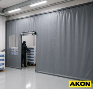 An insulated curtain wall installed across a storage area opening to separate and enclose the space.