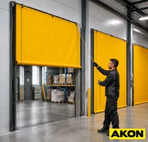Insulated roll-up dock curtains installed at a loading dock door to block drafts and maintain interior temperatures.