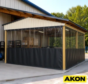 Vinyl curtain enclosing an outdoor work area to protect workers and equipment from wind, weather, and debris.