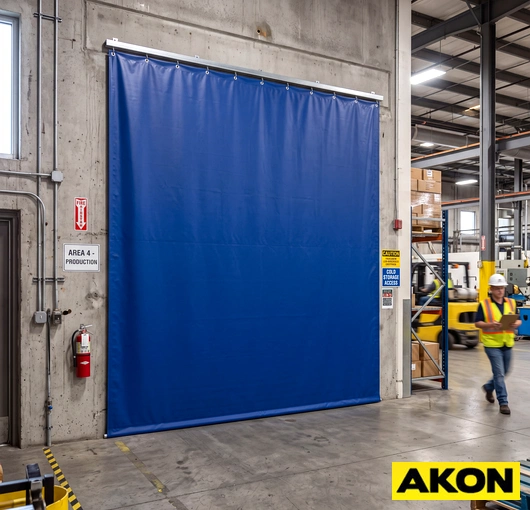 Weatherproof insulated door curtains installed at an industrial facility entrance to block cold air and outside elements.
