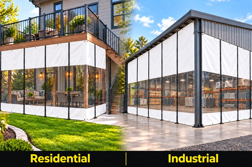 Heavy-duty outdoor curtains installed on an exterior structure, providing weather protection and enclosure for an open-air commercial area.