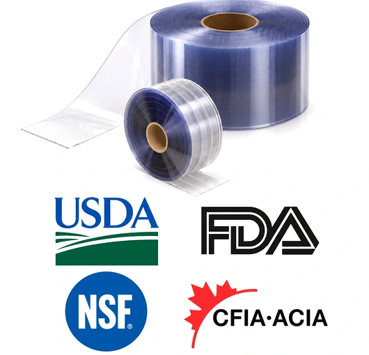 USDA-compliant vinyl strip curtains installed in a food processing or meat packing facility doorway.