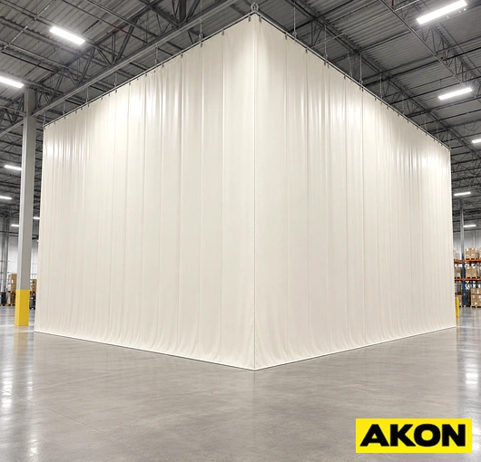 Industrial curtains used to enclose a light-sensitive work area inside a commercial facility.