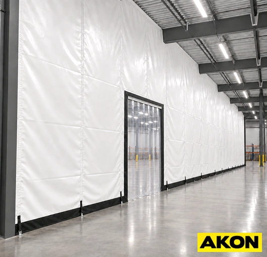 Heavy-duty warehouse divider tarps with walk-through doors installed to separate sections of an industrial facility.