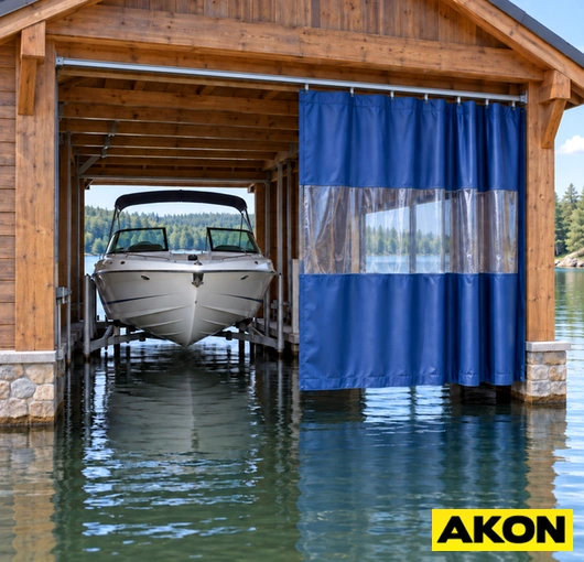 Industrial curtain installed across a boathouse door opening to control the interior environment.