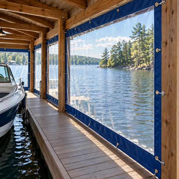 Clear vinyl beside a boathouse walkway