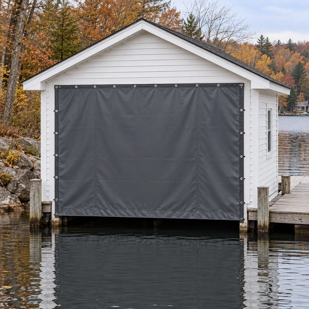 Seasonal tarp on a boathouse entrance