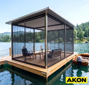 Mosquito netting curtains enclosing a floating dock gazebo to block insects while keeping the space open to air and views.
